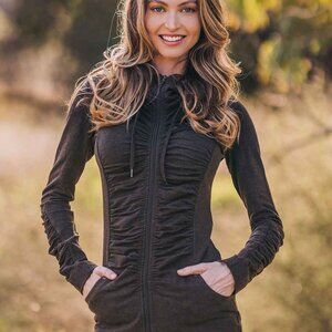 Nomads Hemp Wear Womens Bamboo Charcoal Gray Long Line Ruched Hoodie Jacket XL